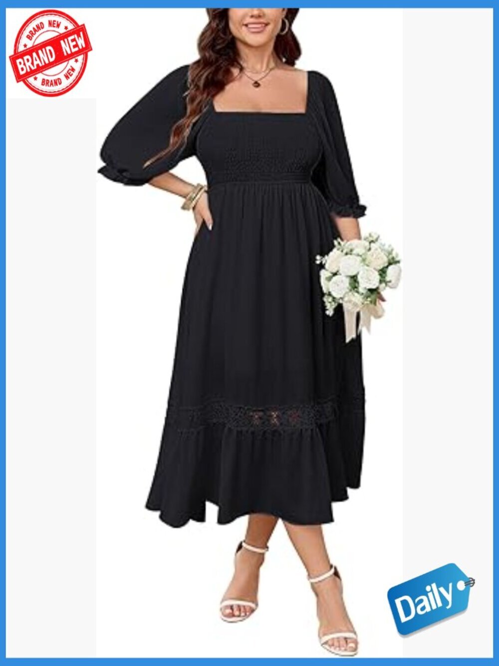 Plus Size Boho Maxi Dress Square Neck Short Sleeve Flowy Lace Trim